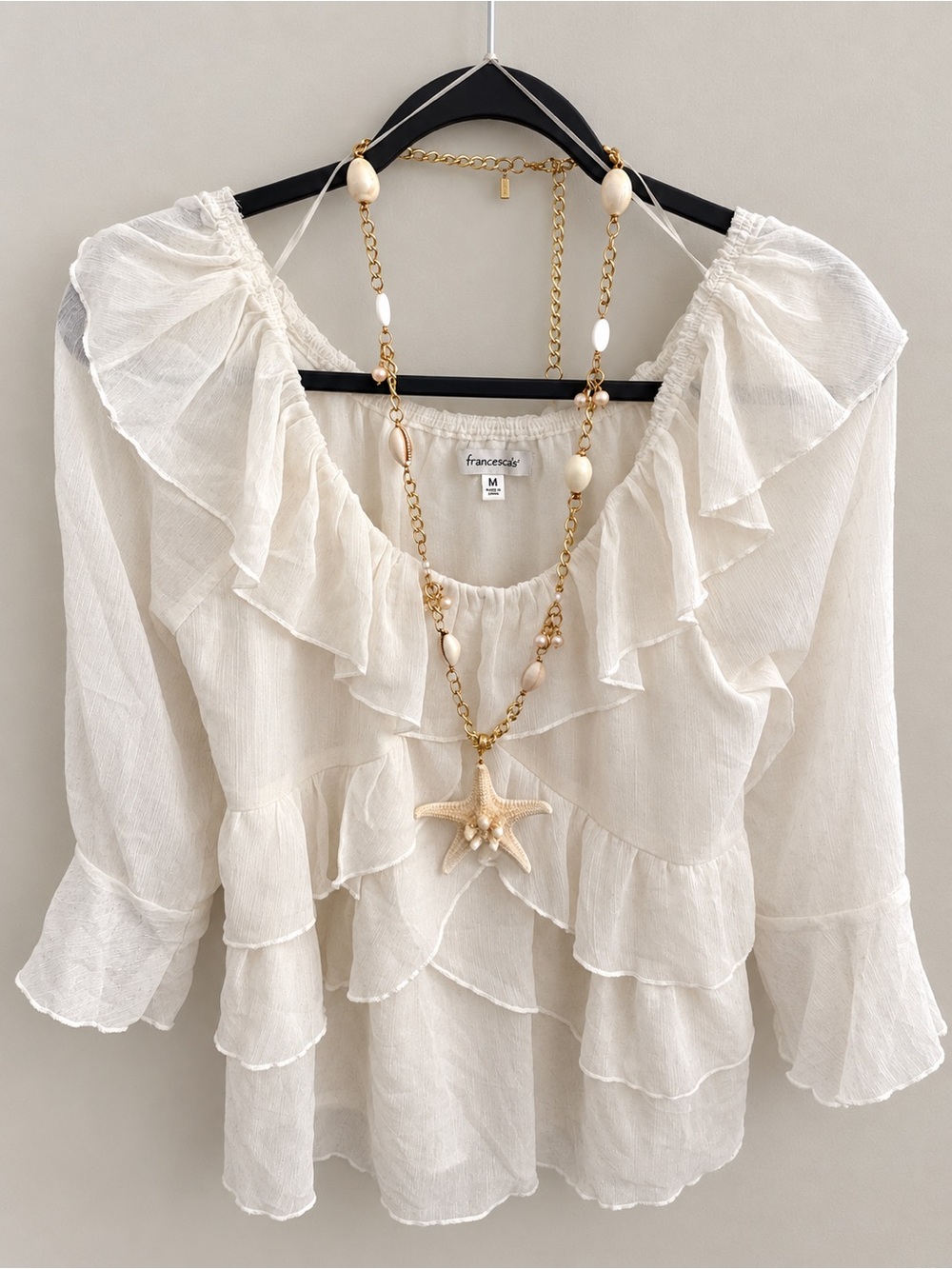 Francesca's Collections Ivory Ruffled V-Neck Tiered Blouse